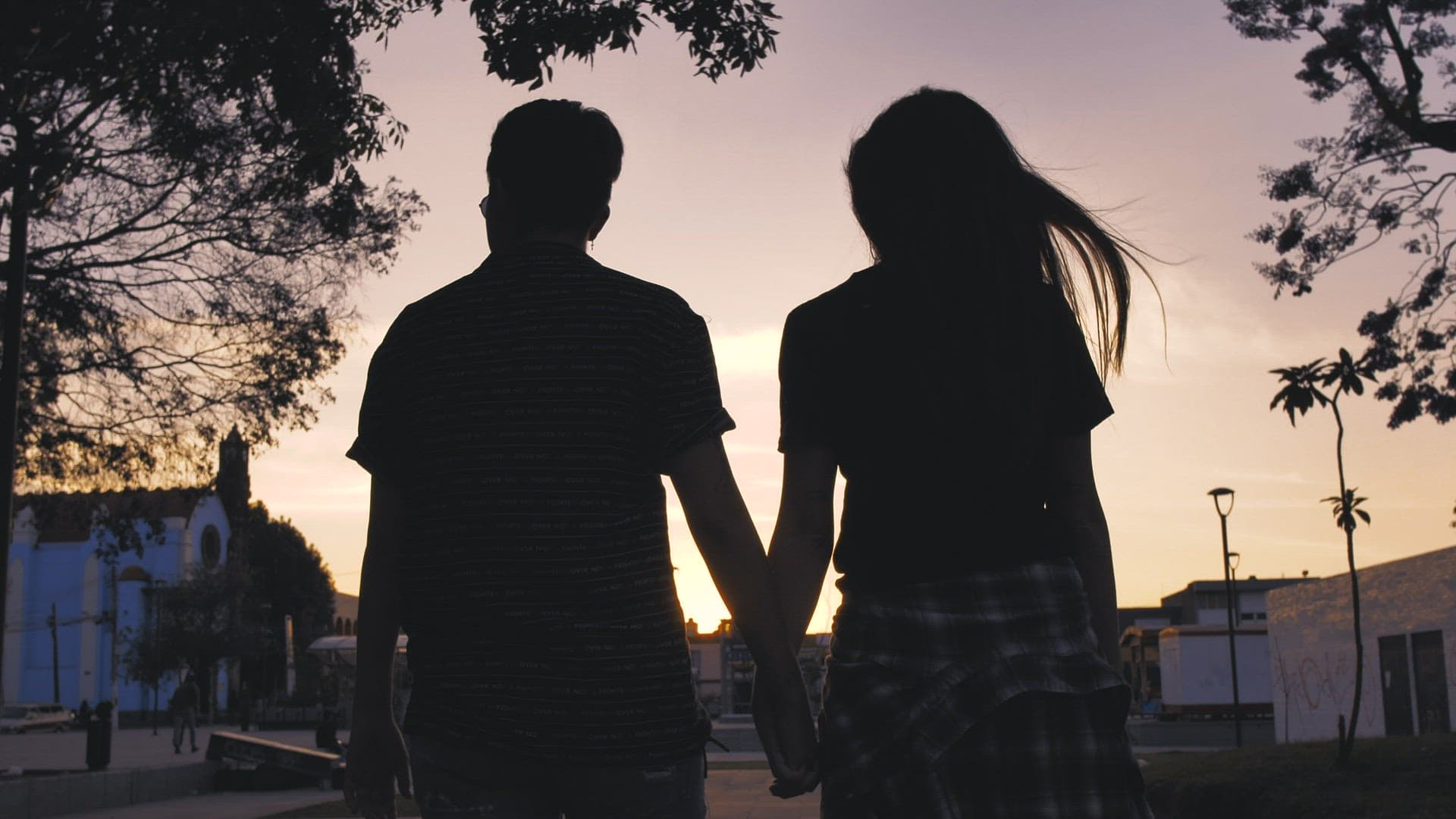 A couple standing hand in hand at dusk, seen from behind