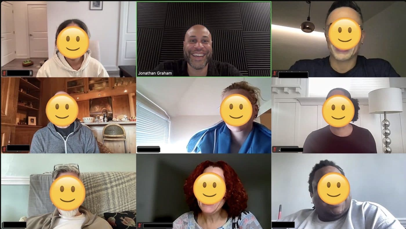 The first Courage Camp cohort on a video call, faces covered with sun emoji